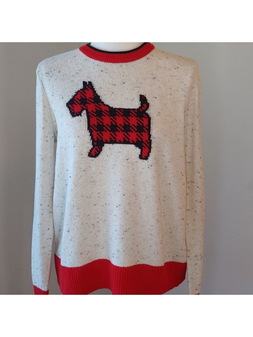 Charter Club Buffalo Check Scotty Sweater Cream & Red Women's Medium NWT